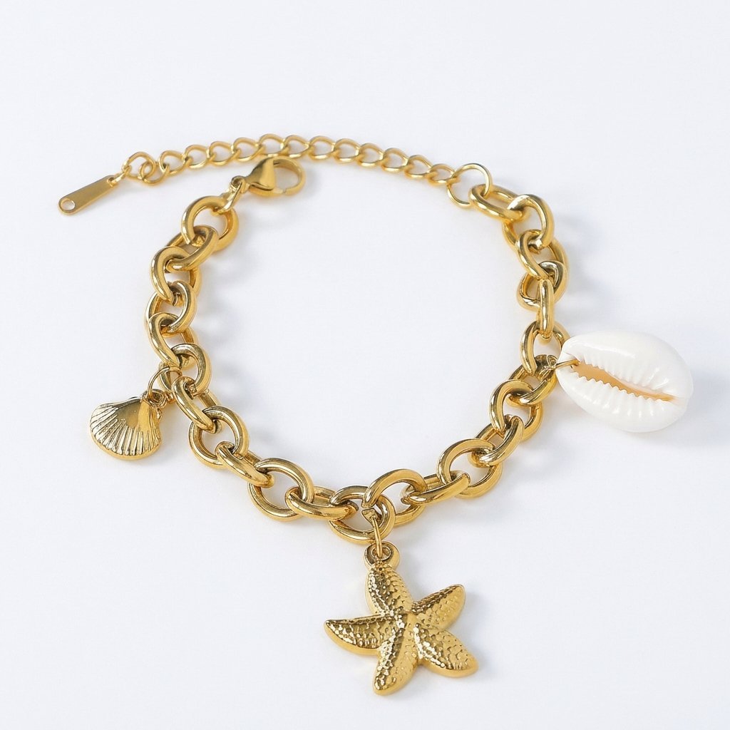 Sea Star & Shell Charm Stainless Steel Bracelet