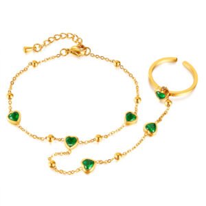 Green Heart Glass Linked Hand Chain Ring Set