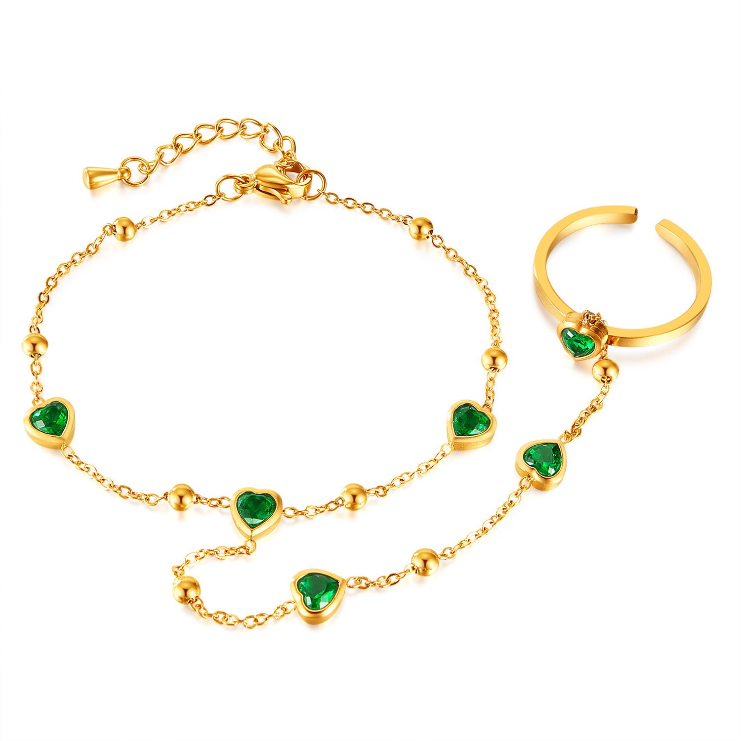 Green Heart Glass Linked Hand Chain Ring Set