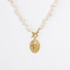 Baroque Pearl & Embossed Goddess Pendant Toggle Necklace