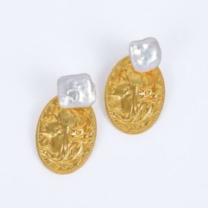 Baroque Pearl & Embossed Goddess Statue Drop Earrings