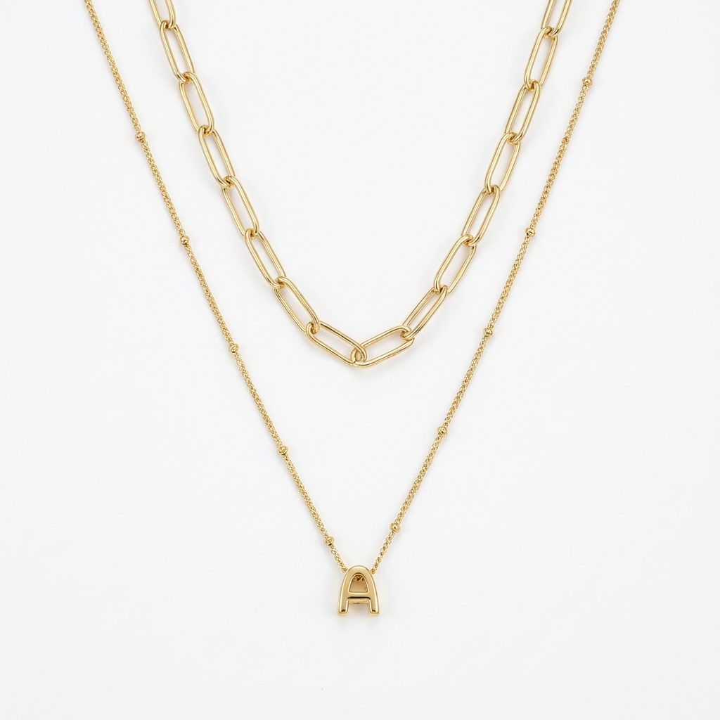 Gold Bubble Letter "A" Double Layer Necklace